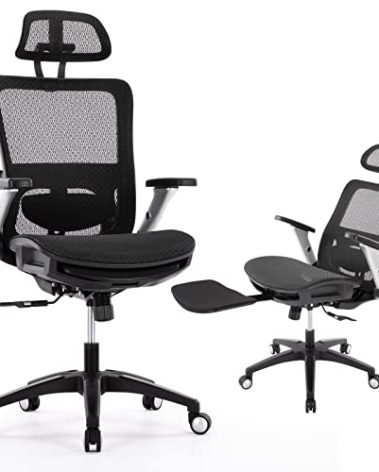 COLAMY Ergonomic Mesh Office Chair with Footrest, High Back Computer Executive Desk Chair with Headrest and 4D Flip-up Armrests, Adjustable Tilt Lock and Lumbar Support-Black