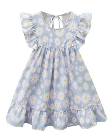 LYXIOF Toddler Girl Cotton Linen Ruffle Sleeveless Casual Dress Kids Summer Beach Sundress Daisy Blue 130CM