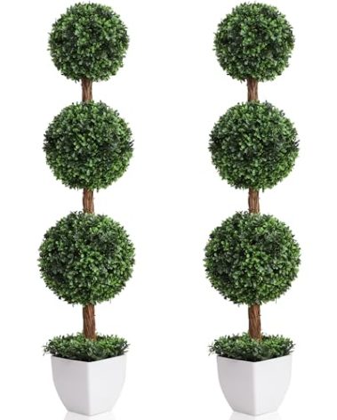 Damomo Artificial Topiaries Ball Trees Outdoor, 3.6ft Faux Boxwood Plants Topiary Triple Ball Tree(2 PCS), Fake Shrubs Trees Potted Decorative Indoor Porch or Garden（43inch）