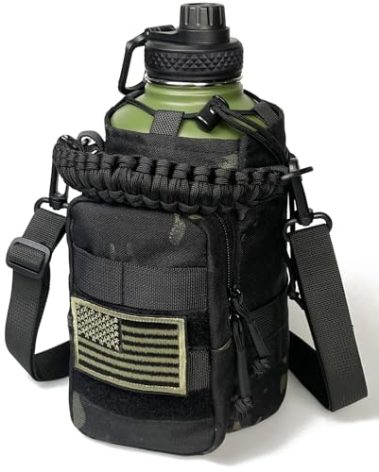 DEFUNX 64 Oz Water Bottle with Sleeve - Military Green Half Gallon Insulated Water Jug with Handle - Stainless Steel Sports Bottle for Gym Workout Hiking Camo Black Pouch