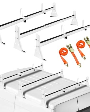 Ladder Rack for Van, Van Roof Rack Compatible with Chevy Express 1500 2500 3500 Ford Econoline GMC Savana Fullsize with Rain Gutter, Adjustable Length 57''-65'', 3 Bars, 800 Lbs, White