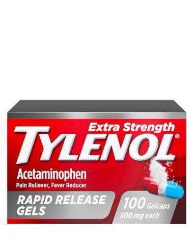 Tylenol Extra Strength Acetaminophen Rapid Release Gels, Pain Reliever & Fever Reducer, Gelcaps with Laser-Drilled Holes for Fast Release, Gentle on Stomach, 500 mg Per Gelcap, 100 Count OTC Medicine