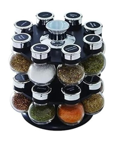 Kamenstein 16 Jar Ellington Revolving Countertop Spice Rack with Lift & Pour Caps and Spices Included, FREE Spice Refills for 5 Years: Black and Chrome