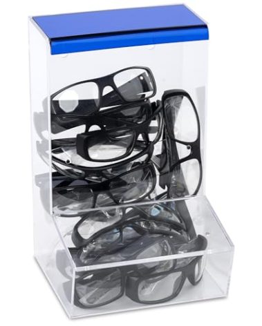 Inevibe Safety Glasses Dispenser With Two Lids - Dustproof Acrylic Bin Holder for Protective Eyewear Goggles Used in Industrial, Factory and Lab Settings, Wall Mount or Countertop