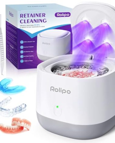 Rolipo Ultrasonic Retainer Cleaner 320ML, 45kHz Denture Cleaner with 4 Lamps, Dental Cleaning Pod for Mouth Guard, Aligner, Braces, Toothbrush Head, Jewelry