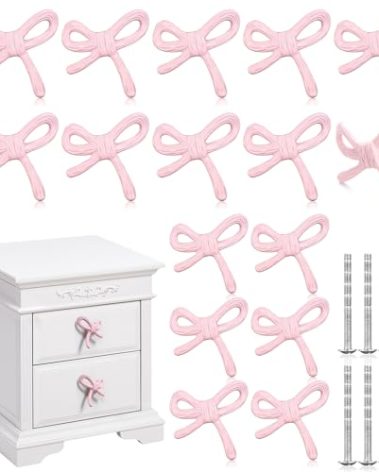 MorningRo 8 Pcs Bow Knobs for Dresser Matel Bow Drawer Knobs Vintage Dresser Handles Cabinet Drawer Pulls for Home Bedroom Kitchen Cabinets Hardware Cupboard (Pink,Classic Style)
