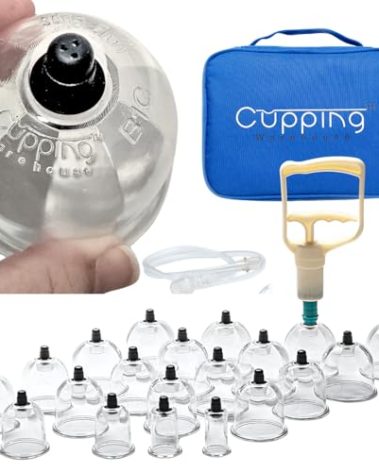 Cupping Warehouse 20 Poly Cupping Set Massage Therapy Cup with Pump, Secure Valves, and Extension Hose 20 Premium Polycarbonate Cupping kit for Massage Therapy- Chinese Cupping Set