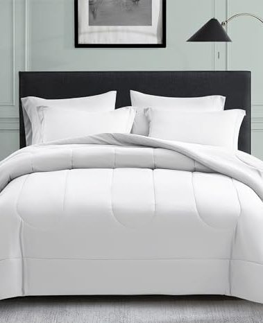 Maple&Stone Oversized King Comforter Sets 7 Pieces Bed in a Bag - Down Alternative Bed Set with Comforter, Sheets, Pillowcases & Shams, All Season Lightweight Bedding Set (White,120x98)