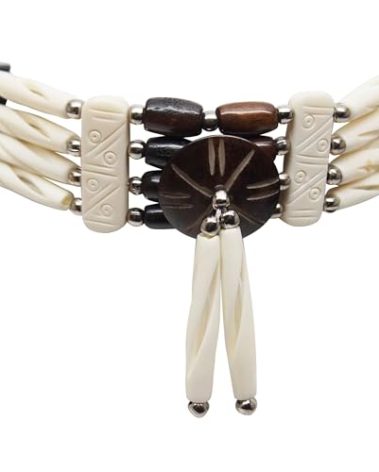 outROAR Gear American Indian Style Bone Choker Necklace, 4 Row Two-Tone Carved Traditional Hairpipe Beads, Unisex Adjustable