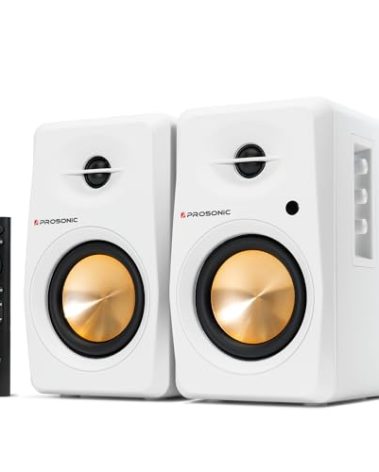 P Prosonic Active Bluetooth Bookshelf Speaker Studio Monitor Home Theater, Optical Input, Coaxial Input, 2 x RCA Aux Input, 30 Watts x 2 (White)