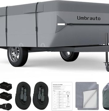 Umbrauto Pop Up Folding Camper Cover Upgraded 7 Layers Top Tent Trailer Cover Waterproof Extra Thick Polypropylene Breathable Ripstop Anti-UV Pop Up Folding Trailer Cover Fits 8' - 10' Trailers