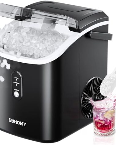 EUHOMY Nugget Ice Maker Countertop with Handle, Ready in 6 Mins, 34lbs Per Day, Removable Top Cover, Auto-Cleaning, Portable Sonic Ice Maker with Basket and Scoop, for Home/Party/RV/Camping (Black)