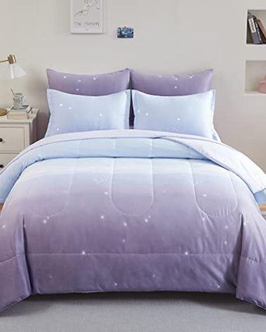 Girls Comforter Set Full Size Colorful Ombre Purple Rainbow Bedding Set Bed in A Bag for Kid Teen Girls 7 Pieces (1 Comforter, 1 Flat Sheet, 1 Fitted Sheet, 2 Pillow Shams, 2 Pillowcases)