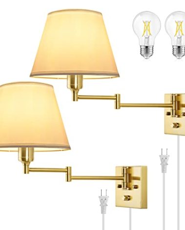 TRLIFE Wall Sconce Plug in, Brushed Brass Dimmable Wall Sconces Set of 2 Swing Arm Wall Lights with Plug in Cord and Dimmer On/Off Knob Switch, 9.4" Medium White Fabric Shade(2 LED Bulbs Included)