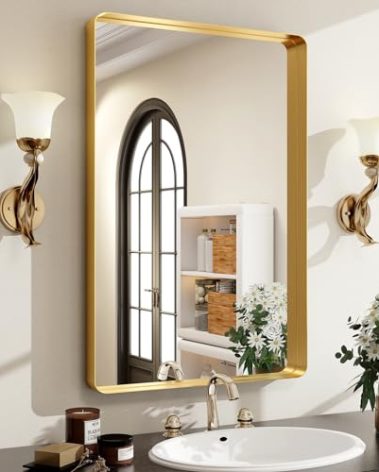 Easly 30 x 22 Inch Gold Bathroom Mirror for Wall,Aluminum Alloy Frame Rectangular Wall Mounted Mirror for Farmhouse Decor Horizontal or Vertical Ideal for Bedroom, Living Room