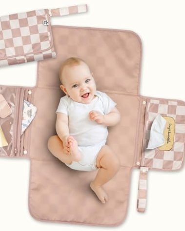 Tiny Twinkle Portable Diaper Changing Pad – Foldable, Waterproof & Compact Travel Changing Mat with Storage | Smart Wipes Pocket for On-The-Go Parents(Beige Checkers)