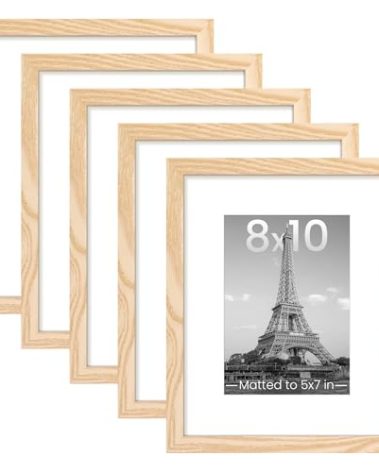 upsimples 8x10 Picture Frame Set of 5, Display Pictures 5x7 with Mat or 8 x 10 Without, Wall Gallery Photo Frames, Natural