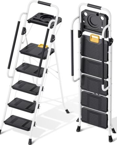 KINGRACK Folding 5-Step Ladder, 800 lbs Capacity Step Stool with Safety Lock, Tool Tray, Non-Skid Wide Steps, Handrail, Household Folding Ladder for Home, Garden, Painting, Outdoor, and Garage, White