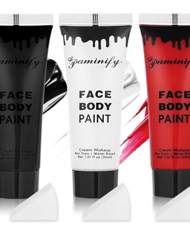 Paminify Black White Red Face Body Paint 1.01 oz/pc with 3 Sponges,Water Based Face Paint Kit for Clown Joker Devil Vampire Skeleton Cosplay Makeup,Halloween SFX Makeup Cream Face Painting,3.03 oz
