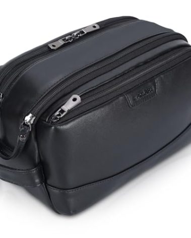 Polare Napa Leather Toiletry Bag for Men Large Travel Cosmetic Case Dopp Kit Shaving Kit Wash Pouch with YKK Zippers (Black)