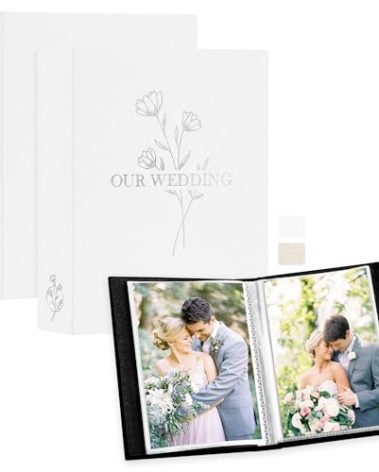 Lanpn Wedding Photo Album 5x7 2 Packs, Each Pack holds 50 Pictures, Slip in Pockets Mini Linen Top Loading Wedding Photo Albums for Portrait Only 5 x 7 Picture (Flower, White)