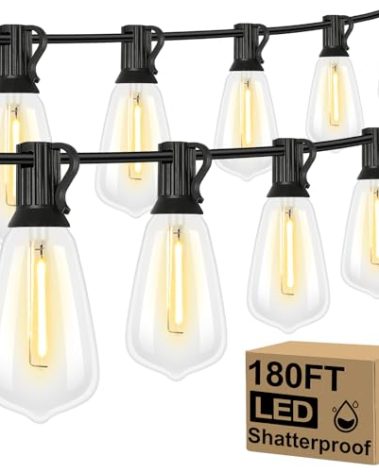 Brightever Outdoor String Lights 180FT, Patio Lights with 90+4 Dimmable ST38 Shatterproof LED Bulbs, Vintage Edison String Lights for Outside, Waterproof Bistro Lights for Halloween Backyard 2700K