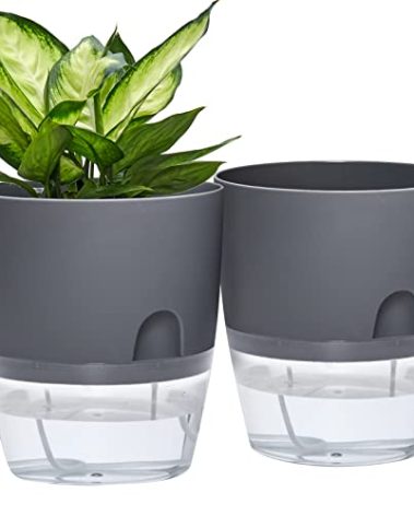ETGLCOZY Self Watering Planter for Indoor Plants, 2 Pack 9.3 Inch Flower Pot Modern Decorative Plastic Planter with Extra Large Water Storage for All House Plants, Flowers, Herbs(Gray)