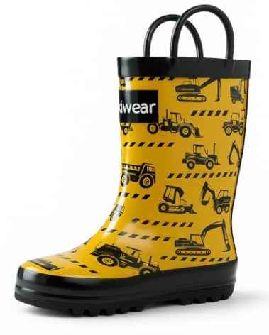 OAKI Toddler Rain Boots – Lightweight Waterproof Rubber Boots for Kids with Easy-On Handles – Durable Kids Outdoor Footwear, Construction Vehicles, 2 Little Kid