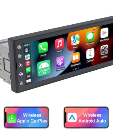 6.9 Inch Single Din Touchscreen Car Stereo with Wireless CarPlay & Wireless Android Auto, Android 10 Single Din Radio Multimedia System, GPS, Bluetooth, WiFi, FM, SWC, USB