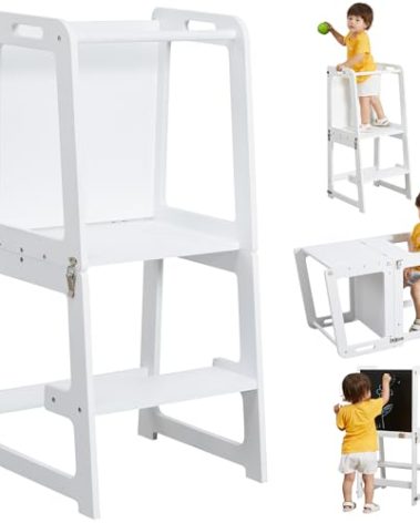 4-in-1 Standing Tower for Toddlers and Kids 1-6 Years, Kitchen Learning Helper Stool with Chalkboard, Desk Table, and Chair (White)