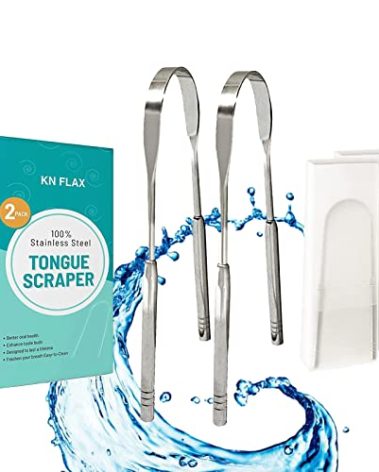 [2 pack] KN FLAX Tongue Scraper [Medical Grade] Reduce Bad Breath Maintains Oral Care 100% BPA Free Metal Tongue Scraper, Tongue Cleaner for Adults and Kids, Easy to Use with Non-Synthetic Handle
