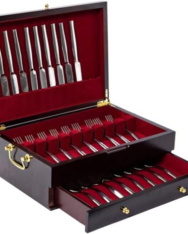 GENRICE Wooden Silverware Chest without Silverware Double-layer, Silverware Box Storage for Silver, Silverware Case with Handle and Felt Lined, Flatware Chest for 12 or 16 or more sets of Utensils