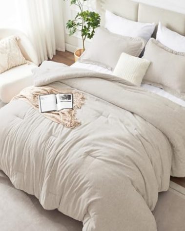 CozyLux Queen Size Comforter Set - 3 Pieces Beige Soft Luxury Cationic Dyeing Bedding Comforter for All Season, Breathable Lightweight Fluffy Boho Bed Sets with 1 Comforter and 2 Pillow Shams