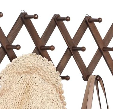 Optish Accordion Wall Hanger with 14 Hooks, Expandable Hat Racks for Baseball Caps Wall, Wood Walls Coat Rack Purse Rack for Baseball Caps, Bag (Walnut)