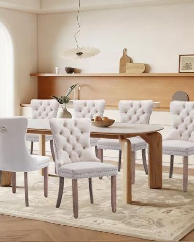 SoarFlash Velvet Dining Chairs Set of 6, Tall Back Side Chair, Modern Upholstered High-end Tufted Side Chair with Button Back Ring, Solid Wood Legs (Beige)
