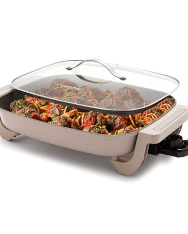 GreenPan Advanced 12” X 15” Electric Skillet with Lid, 7QT Capacity for Family Meals, Healthy Ceramic Nonstick PFAS-Free Coating, Fry, Sauté, Steam, Simmer, Sear, Stir Fry, Dishwasher Safe, Clay