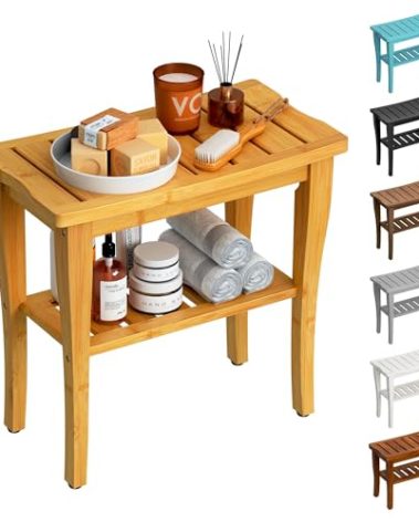 oridom Bamboo Shower Bench Stool with Storage Shelf, Waterproof Shower Chair Spa Bath Seat, Shower Stool for Inside Shower, Bathroom Bench Seat for Adults Elderly Seniors for Indoor or Outdoor Use