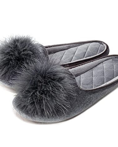 GRITHEIM Women's Fuzzy Pom Pom Feather Velvet House Slippers Sexy Cozy Bedroom Slippers for Ladies Non-slip Sole Indoor Outdoor Grey 7-8