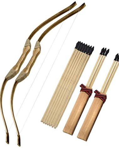 2 Pack Kids Bow and Arrow Set, 32 Inch Archery Set Handmade Wooden Toy Bow and Arrow for Kids 4-6 8-12, Cosplay Game Costume Prop Play, 2 Bows 2 Quivers and 20 Wood Arrows, Gifts for Youth Boys Girls