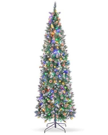 Prelit Pencil Christmas Tree with Lights, Skinny Artificial Christmas Tree, Indoor Fake Xmas Tree Holiday Decor (Colored Lights, 7.5FT)
