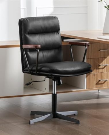Okeysen Office Desk Chair No Wheels, PU Padded Criss Cross Chair with Wooden Armrests, Ergonomic Mid Back Adjustable Computer Chair, Cute Armless Swivel Task Vanity Accent Chair for Home Office, Black