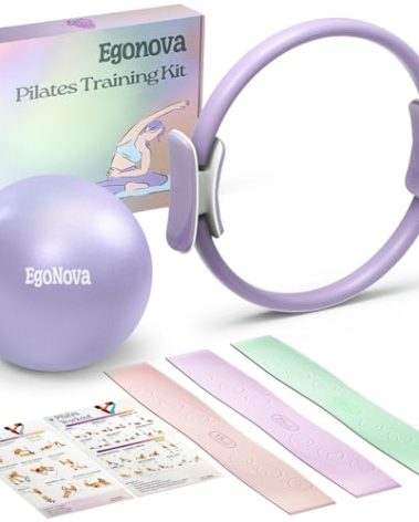 EgoNova Pilates Ring Set: 14-Inch Magic Circle with Dual Padded Handles, Pilates Mini Ball, and Resistance Bands (15, 25, 35 lbs) for Strength, Flexibility, Stability, and Body Toning