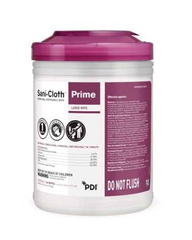 Sani-Cloth Prime Germicidal Wipe, Hospital Disinfection, 1-Minute Contact Time, Quat Alcohol, Durable Large 6" x 6.75" Wipes, 160/Canister