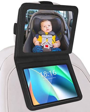 Brislut Baby Car Mirror with Adjustable Tablet Holder, Road Trip Essentials for Kids, Backseat Mirror to See Rear Facing Infant, Ipad Case for Car Headrest