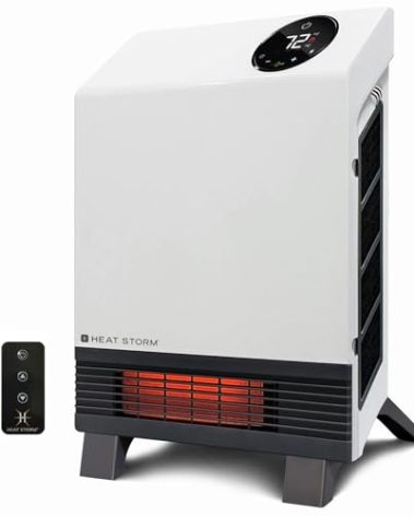 Heat Storm Wave Floor to Wall Infrared Space Heater with Attachable Feet, Remote Control, Built in Thermostat, 500-1000 Watts, 13x4x17 in, With Feet