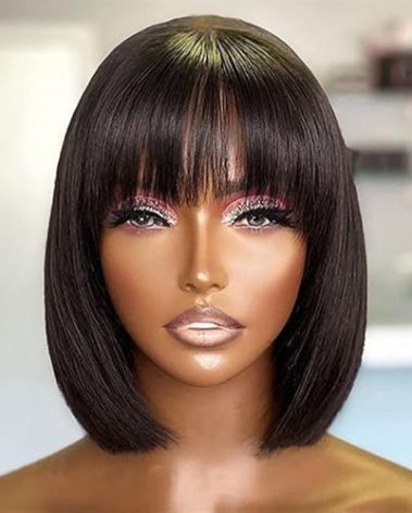 JOEDIR HAIR Bob Human Hair Wig with Bangs Straight Black Hair 10 Inch Short Bob Wig with Bangs for Black Women (Color: 1B)