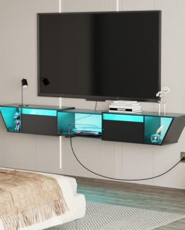 HOOBRO Floating TV Stand with Power Outlet, 63" Floating Entertainment Center with LED Light, Modern Wood Wall Mounted Media Console Shelf, Under TV Shelf, for Living Room, Bedroom, Black BB78UDDS01
