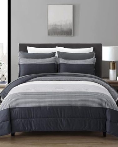 Anibedding 7 Pieces Bed in a Bag Black Grey Comforter Full Size, Lightweight Striped Microfiber Bedding Set for Bedroom (1 Comforter, 2 Pillowcase, 2 Pillow Shams,1 Flat Sheet, 1 Fitted Sheet)