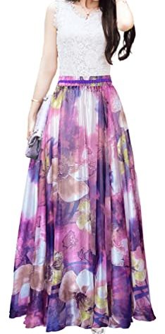 Afibi Womens Blending Chiffon Retro Long Maxi Skirt Vintage Dress (Large, Pattern 14)
