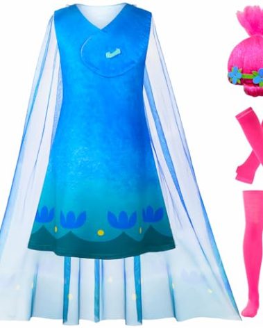 Kids Princess Poppy Dress Costume for Girls Cosplay Halloween Outfits Dress Up Birthday Party with Wig